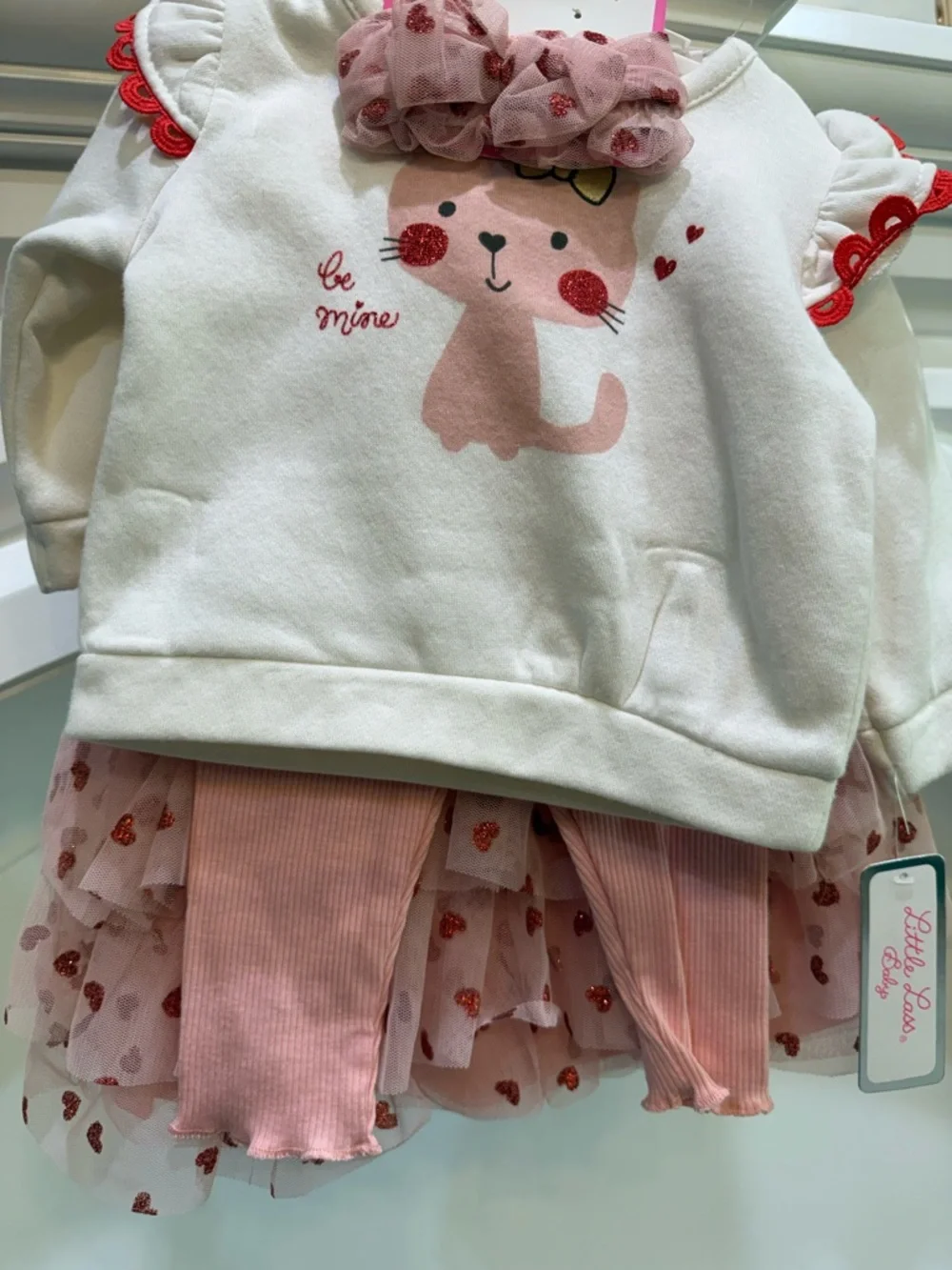 Little Lass Pink and Red Glitter Kitten Matching Set with Bow skirt top bottom - Picture 4 of 10